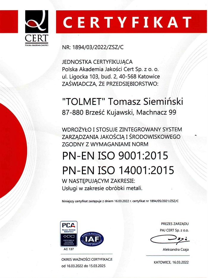 certyfikat ISO w zakresie obróki metali